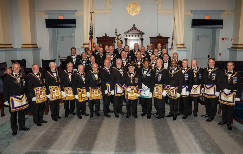 MW George Hamilton with Grand Officers and newly installed officers of St. John's Lodge